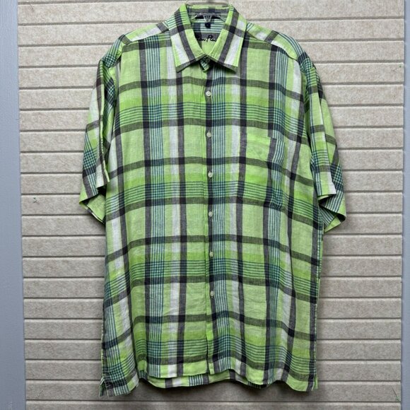 Alan Flusser Other - Alan Flusser Green Plaid 100% Linen Short Sleeve Button-Down Shirt Men’s Large